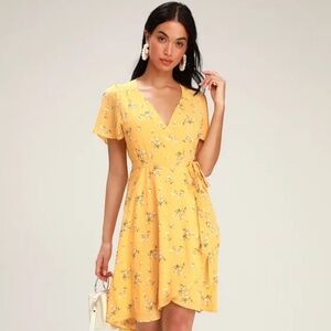 Lulus Rise to the Occasion Yellow Wrap Dress